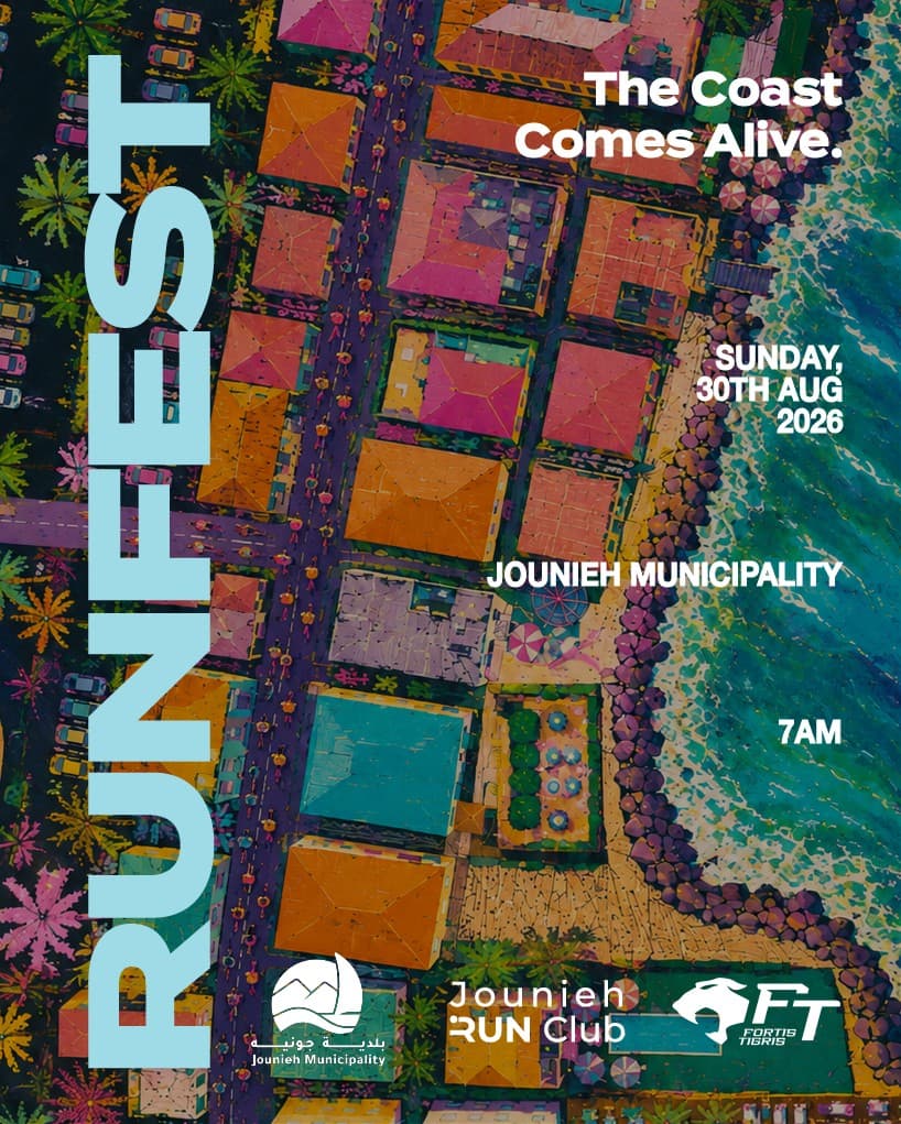 Run Fest 2026 event poster — The Coast Comes Alive, Sunday, 30 August 2026, Fouad Chehab Stadium, Jounieh